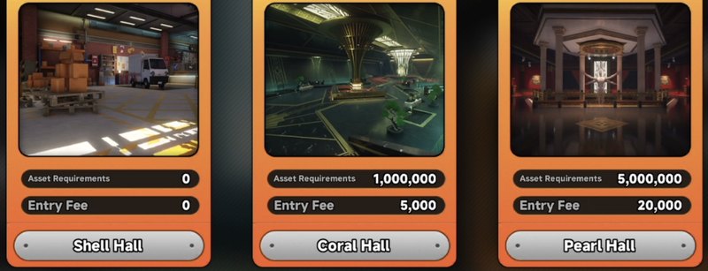 Shell, Coral and Pearl Halls — Asset Requirements and Entry Fee