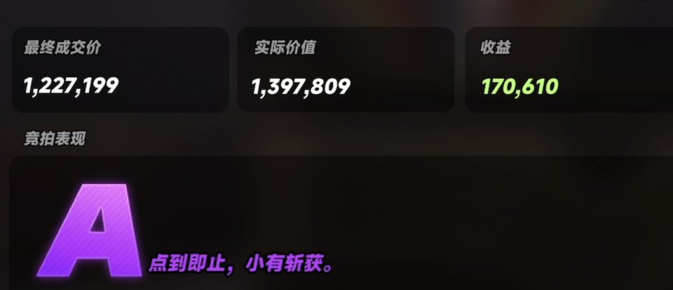 结算画面 — 最终成交价 · 实际价值 · 收益